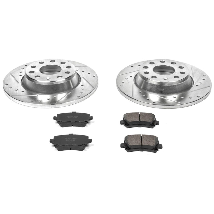 Power Stop K2261 Brake Pads Rear Z23 Carbon Fiber with Drilled & Slotted Brake Rotors Kit For Audi A3, Audi A3 Quattro, VW GTI, VW Jetta, VW Passat, VW Tiguan [Model Specific]