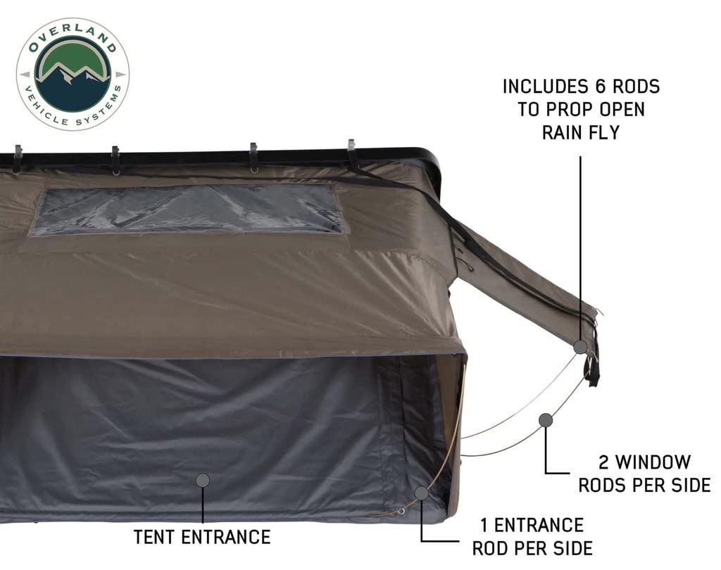 Bushveld II Overland Vehicle Systems Hard Shell Clam Shell Roof Top Tent with Aluminum Base Dark Grey Body and Green Rainfly - 2 Person Tent - Four Seasons Ready