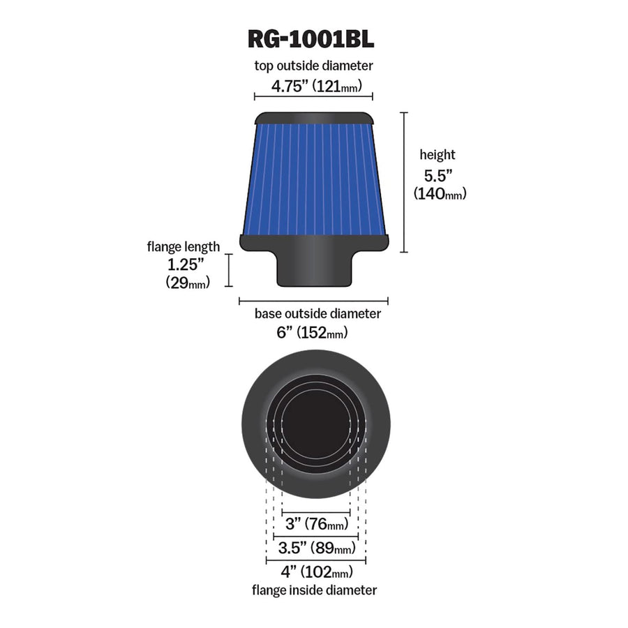 K&N Original High-Flow Lifetime Universal Clamp-On Air Filter: Performance, Premium, Washable: Flange Diameter: 4 In, Filter Height: 5.5 In, Flange Length: 1.125 In, Shape: Round Tapered, RG-1001BL