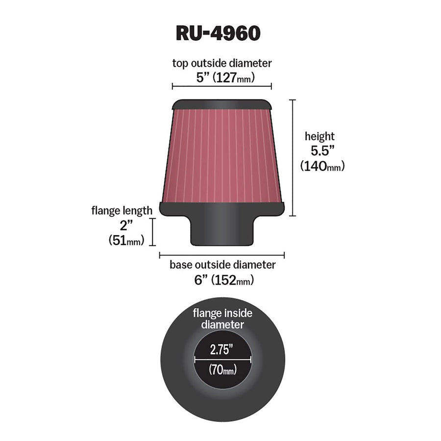 High-Flow K&N Original Lifetime Universal Clamp-On Air Filter: High Performance, Premium, Washable: Flange Diameter: 2.75 In, Filter Height: 5.5 In, Flange Length: 2 In, Shape: Round Tapered, RU-4960
