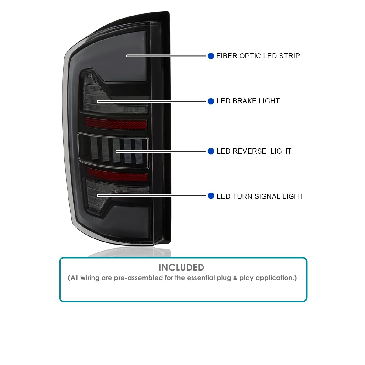 Black Smoke Tail Lights w/White LED SPEC-D TUNING Compatible with 2002-2006 Dodge Ram 1500/2500 / 3500, Left + Right Pair Assembly
