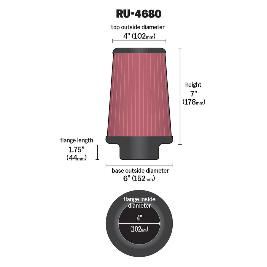 High-Flow K&N Original Lifetime Universal Clamp-On Air Filter: High Performance, Premium, Washable: Flange Diameter: 4 In, Filter Height: 7 In, Flange Length: 1.75 In, Shape: Round Tapered, RU-4680