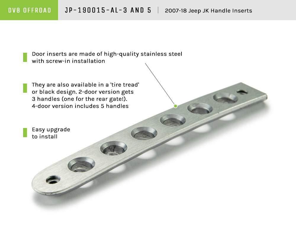 Door Handle Insert Set DV8 Offroad for 2007-18 Wrangler JK | 6 Round Hole Design | Aluminum Construction | Anodized Finish | Simple Screw-in Installation | Complete Kit