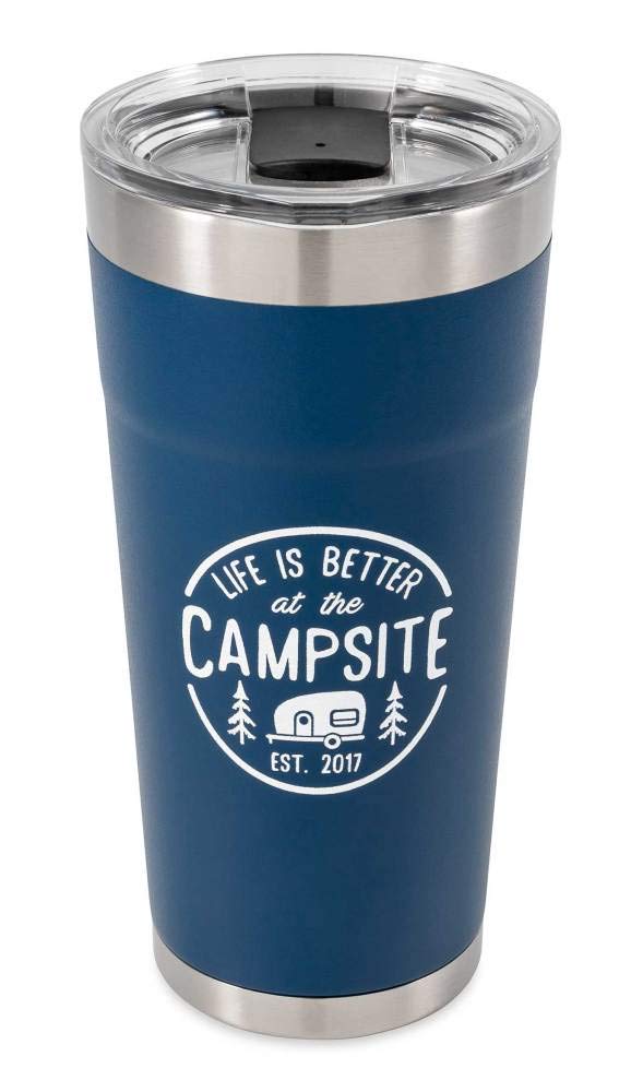 Stainless Steel Tumbler Camco Life is Better at The Campsite - Features Double Wall Vacuum Insulation for Heat/Ice Retention & Unique Life is Better At the Campsite Design - Holds 20 oz. (53323)