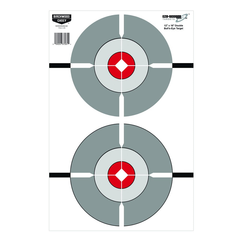 BIRCHWOOD CASEY Eze-Scorer 12" x 18" Double Bull's-Eye Shoot-Up Brilliant White Paper Targets for Indoor and Outdoor Use, 100 Targets