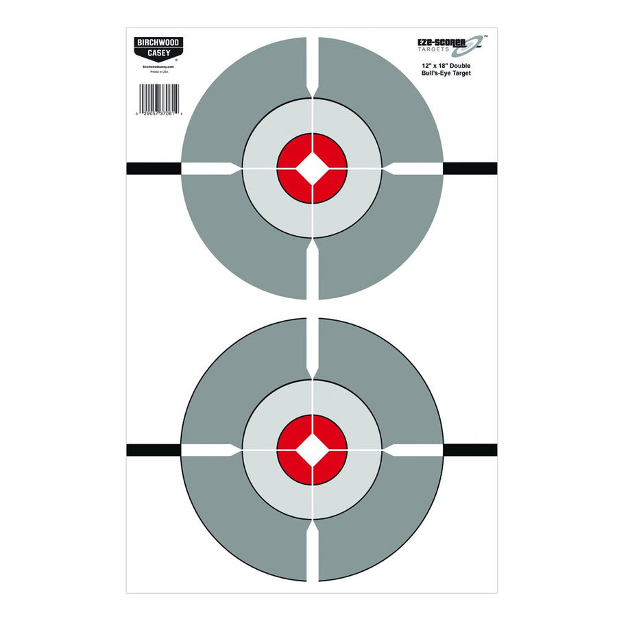 BIRCHWOOD CASEY Eze-Scorer 12" x 18" Double Bull's-Eye Shoot-Up Brilliant White Paper Targets for Indoor and Outdoor Use, 100 Targets