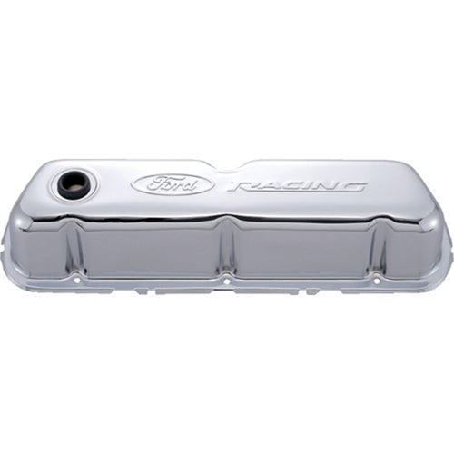 Ford Racing Logo Valve Cover, Stock Height, Baffled, Breather Hole, Steel, Chrome, Small Block Ford, Pair