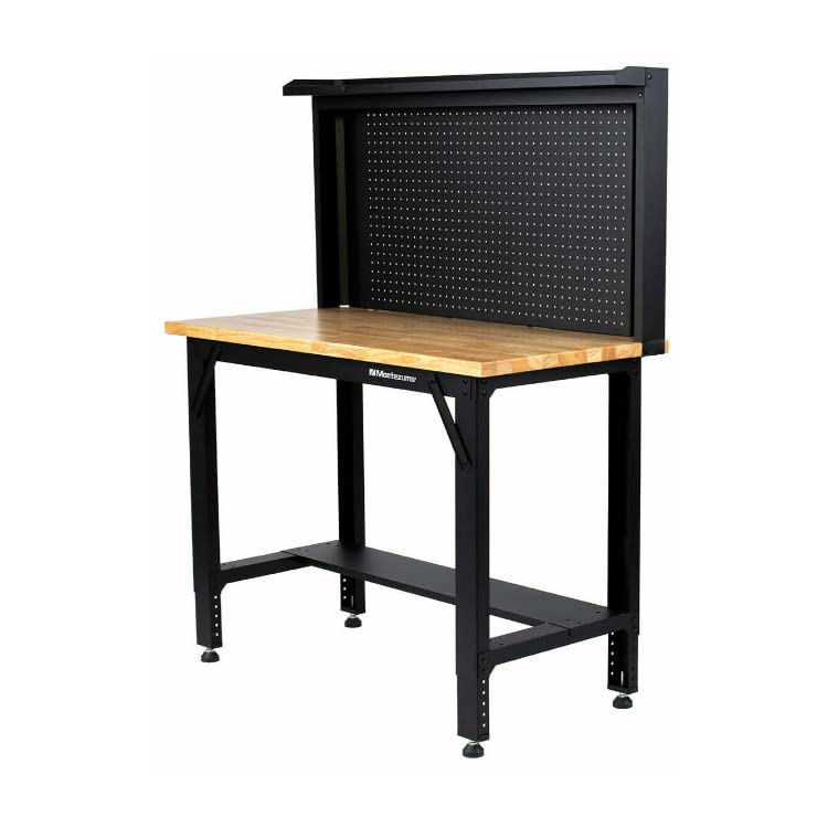 4' Adjustable Montezuma Steel and Solid Wood Workbench Station with Pegboard and Shelf Storage