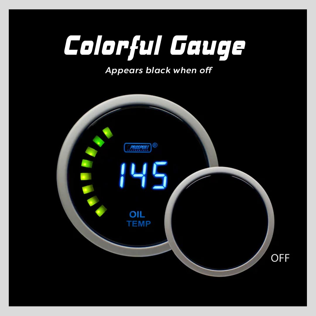 Performance Oil Temperature Gauge Prosport – Digital Series Blue – 52mm (2 1/16") – Electric Oil Temp Meter with Blue LED Display – Car Dashboard Monitoring Gauge for Performance Engines