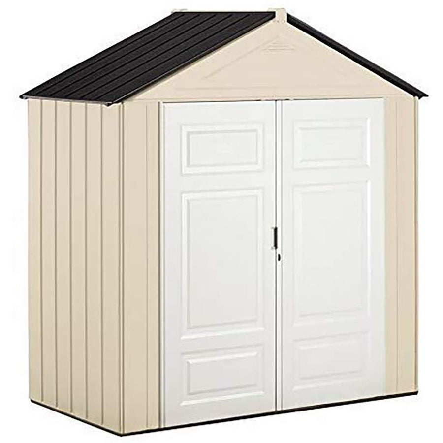 Outdoor Storage Shed Rubbermaid With Floor (7 x 3.5 Ft), Weather Resistant, Beige/White, Organization for Home/Backyard/Garden Tools/Lawn Mower/Bike Storage/Pool Supplies