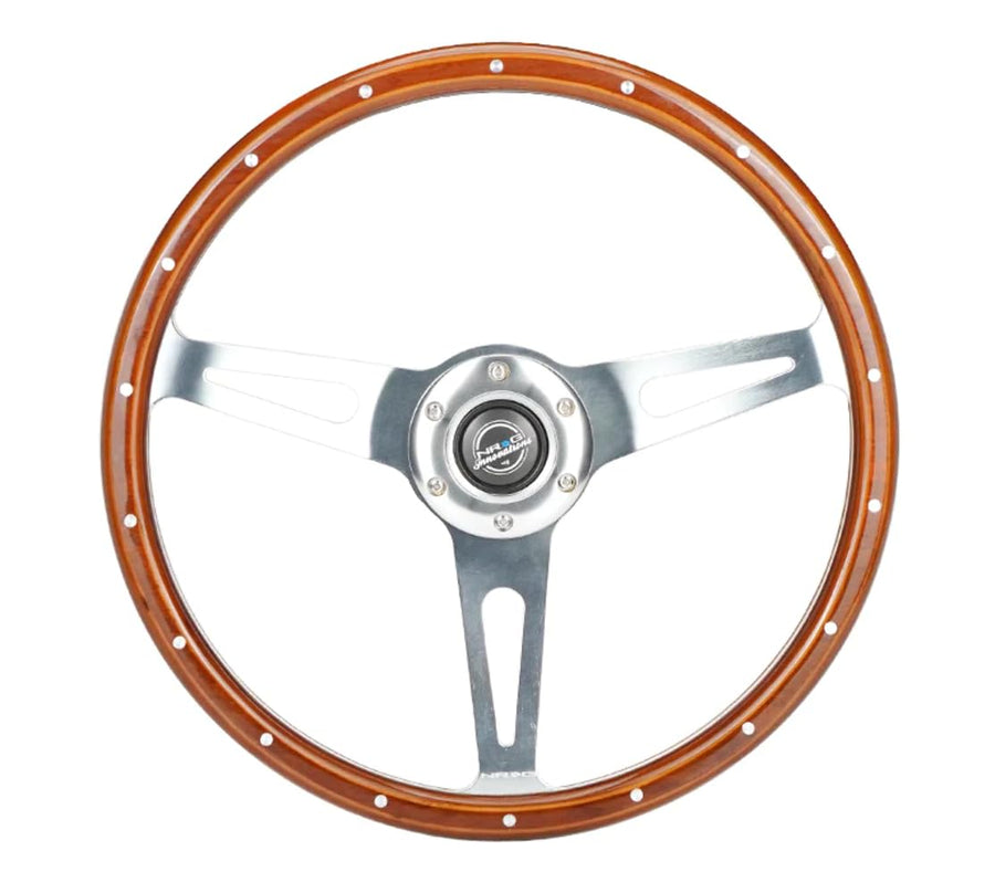 NRG Innovations Reinforced NRG-RST-363SL Classic Dark Wood Grain Steering Wheel, 360mm, 3 Spoke Center in Chrome