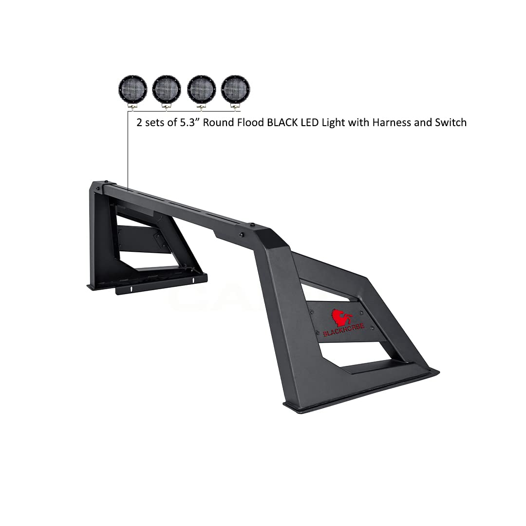 Armour Black Horse Roll Bar Incl. Set of 5.3" Dia.LED Lights w/Black Trim Rings Matte Black Compatible with 2015-2024 Chevrolet Colorado|2015-2024 GMC Canyon|2015-2024 Toyota Tacoma-RB-AR3B-PLFB