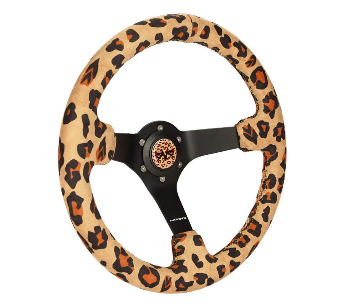 NRG Innovations Reinforced Sport NRG-RST-036MB-SV-BR Steering Wheel 350mm (3' deep) Savage Brown Leopard Printed Micro Fiber Vegan Material with Matte Black Spoke