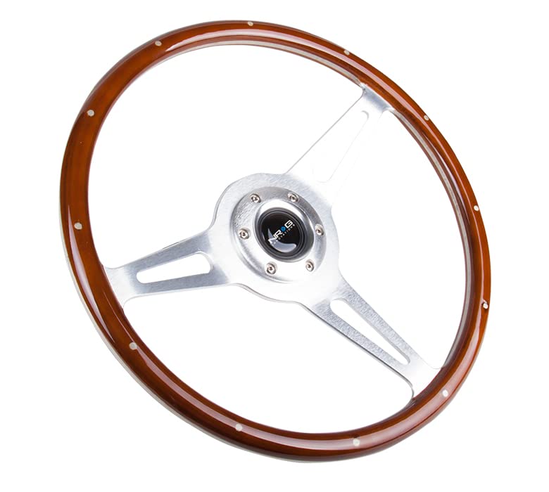 NRG Innovations Classic Wood Grain NRG-ST-380SL Steering Wheel, Brush Aluminum, 3 Spoke 365mm with Metal Insert