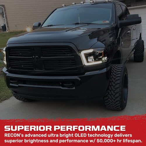 RECON - Projector Headlights Fits 09-23 RAM 1500 Classic Body & 10-18 RAM 2500/3500 Ultra Bright White OLED Halos & DRL in Smoked Lens