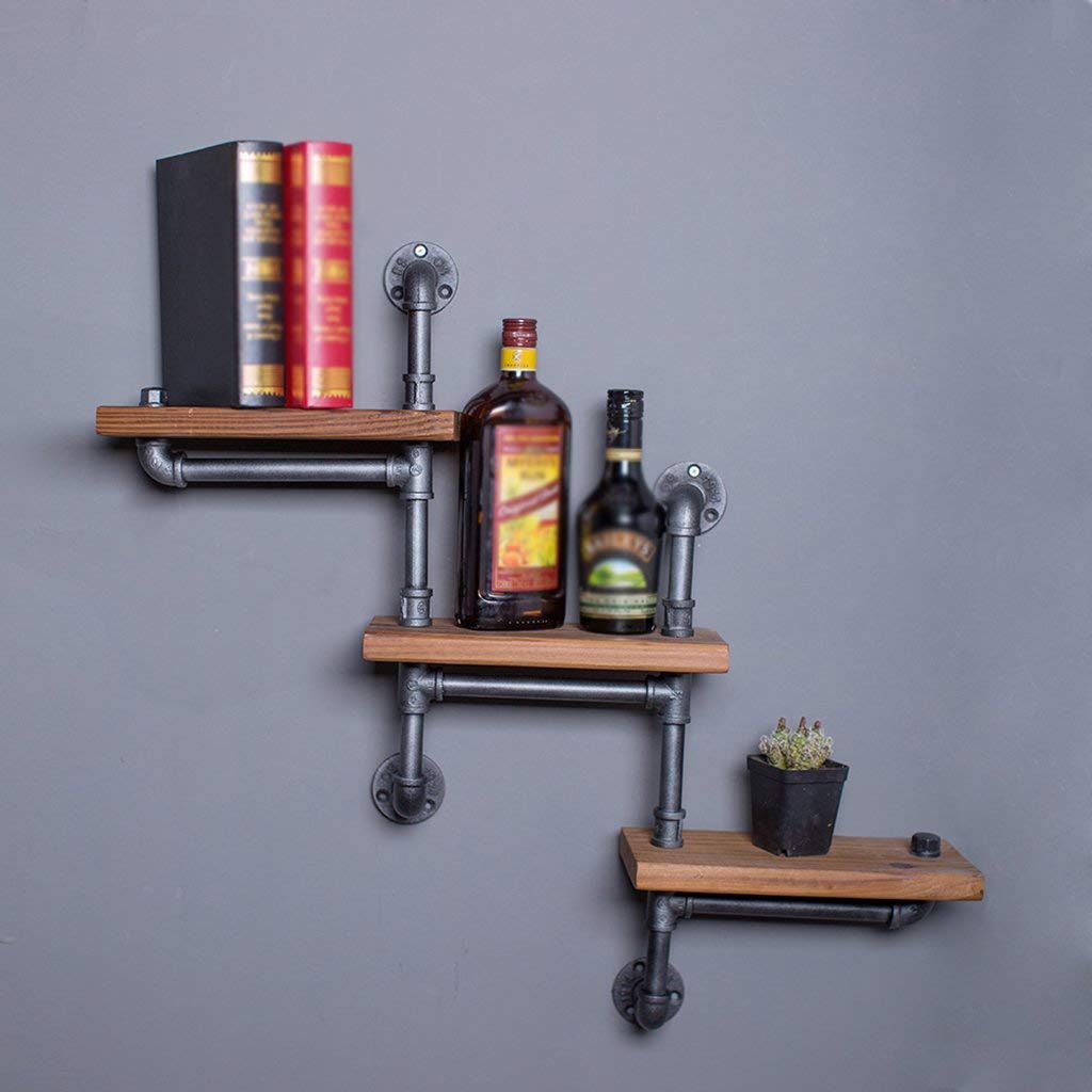 YIMJ Vintage Iron Coat Rack Water Pipe Wall Mount Art with Wood Board Shelf Kitchen Bookshelf, c