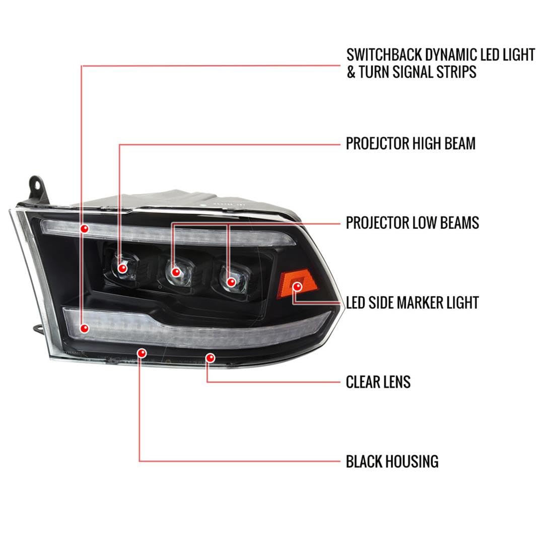 Full LED SPEC-D TUNING Black Sequential Projector Headlights w/Startup Animation Compatible with 2009-2019 Dodge Ram 1500, 2010-2019 Ram 2500/3500, Left + Right Pair Headlamps Assembly