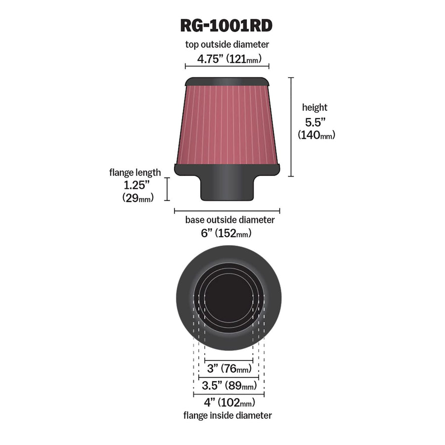 High-Flow K&N Original Lifetime Universal Clamp-On Air Filter: High Performance, Premium: Flange Diameter: 4 In, Filter Height: 5.5 In, Flange Length: 1.125 In, Shape: Round Tapered, RG-1001RD