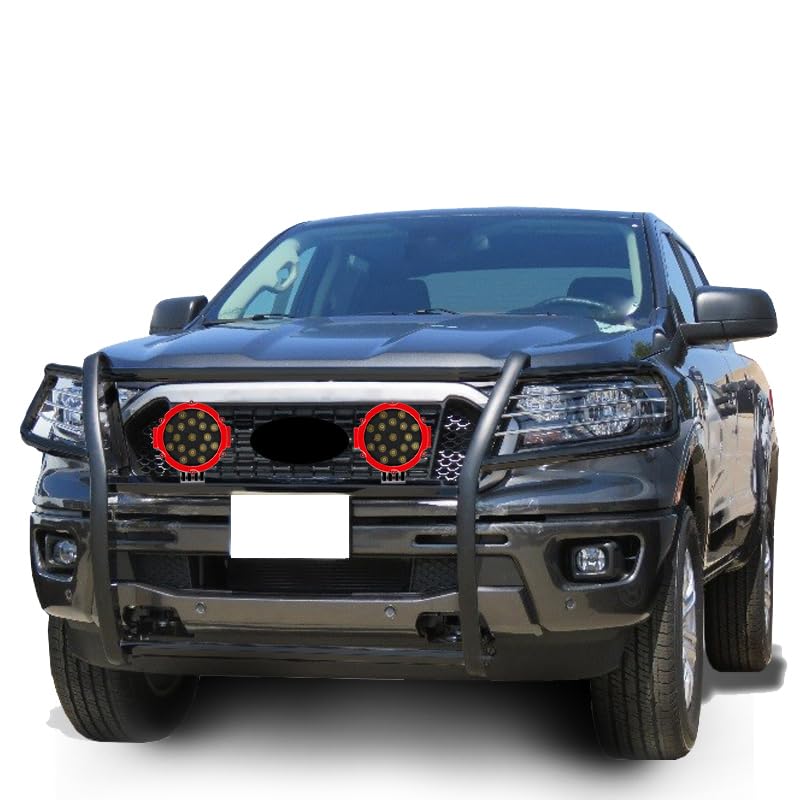 Bumper Guard Modular Black Black Horse Grille brush Come With pair of 7.0"Dia.LED Lights with Red Trim Rings Compatible with 2019-2023 Ford Ranger-17FP10MA-PLR