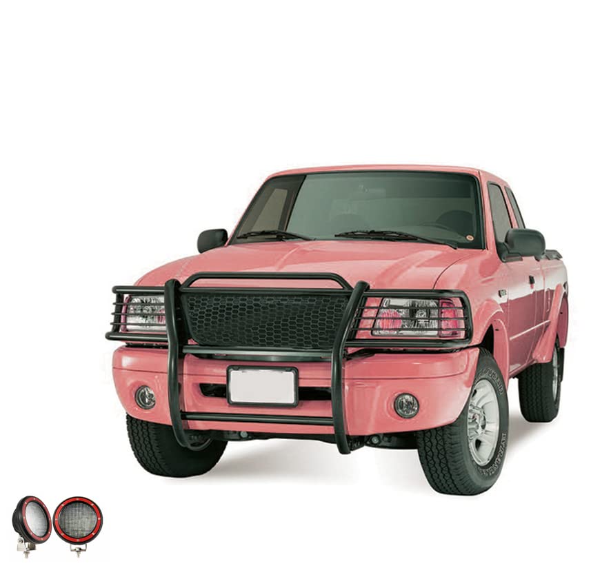 Bumper Guard Black Horse Grille Brush Modular Black Come with Pair of 5.3" Dia.LED Lights with Red Trim Rings Compatible with 1999-2002 Ford Expedition|1999-2004 Ford F-150-17FP26MA-PLFR