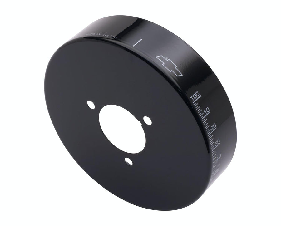Harmonic Balancer Cover ProForm 141-728, Timing Marks, Bowtie Logo, Aluminum, Black, 8 in Balancers, Compatible with Small Block Chevy, Each
