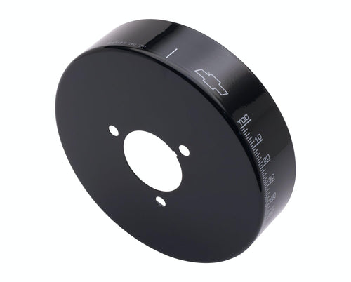 Harmonic Balancer Cover ProForm 141-728, Timing Marks, Bowtie Logo, Aluminum, Black, 8 in Balancers, Compatible with Small Block Chevy, Each