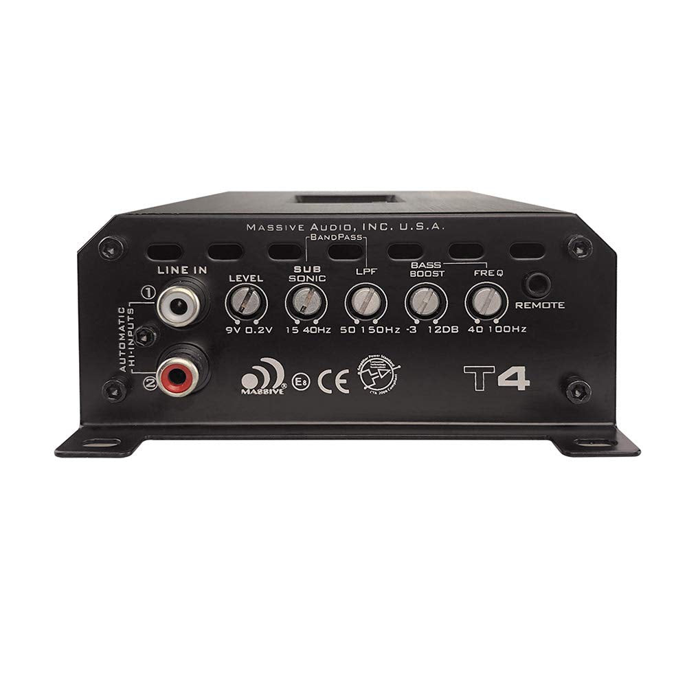 Massive Audio T4 1-Ohm Mono Block Marine Amplifier | 2000W RMS Waterproof Amp, Compact Class D Power for Boats, UTV, ATV & Outdoor Audio Systems