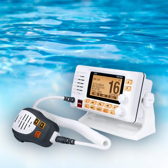 Marine VHF Radio Uniden UM725G, All USA, Canada, and Intl. Marine Channels, 1Watt/25Watt Transmit Power, Largest LCD Screen in Class, NOAA Weather Channels w/Alerts, Speaker Mic, GPS Built-in.