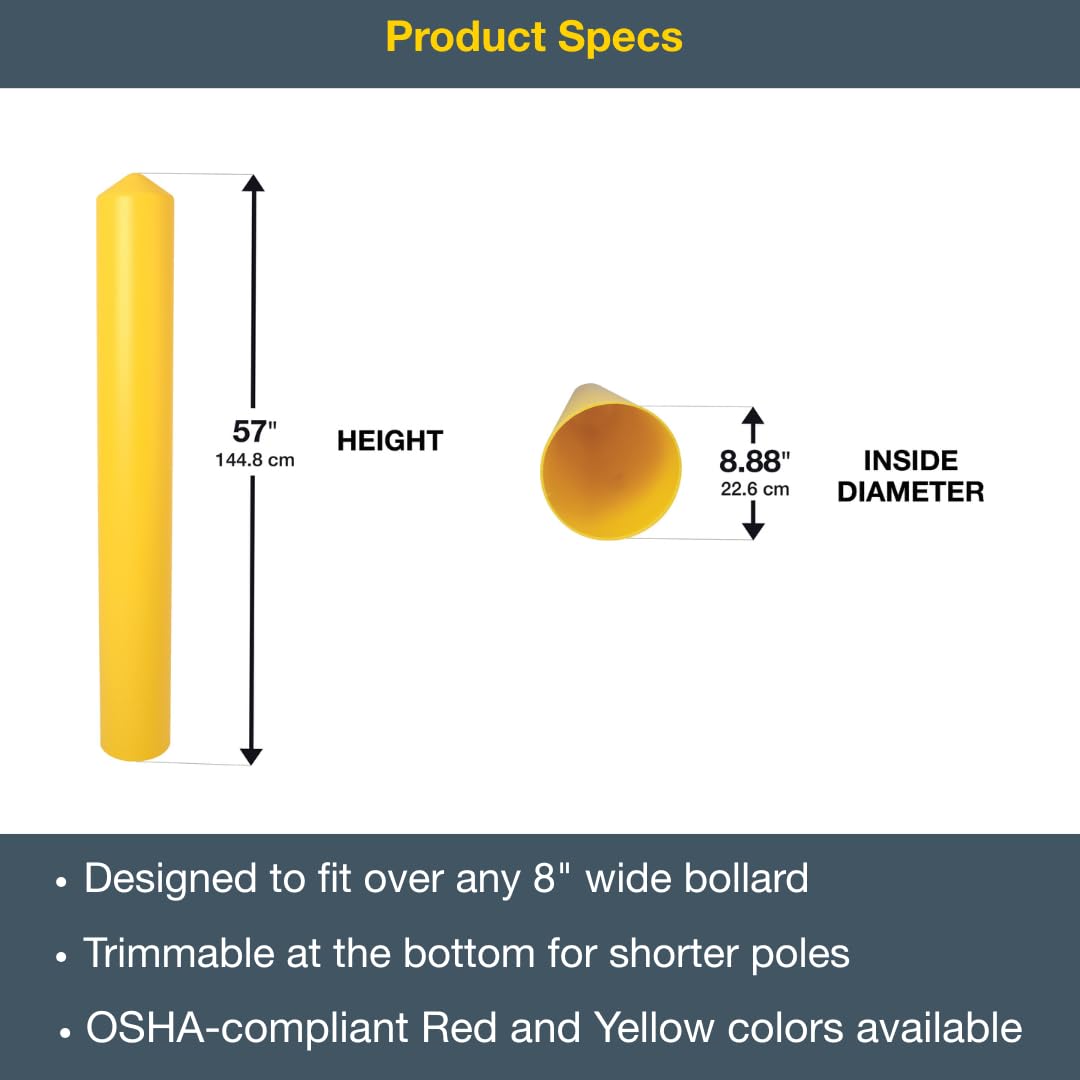 Bollard Covers Eagle for 8 Inch Poles - 57" Tall, Durable Smooth HDPE Plastic - Trimmable Yellow Bollard Post Sleeve for Parking Lots, Warehouses, and Loading Docks, 1737