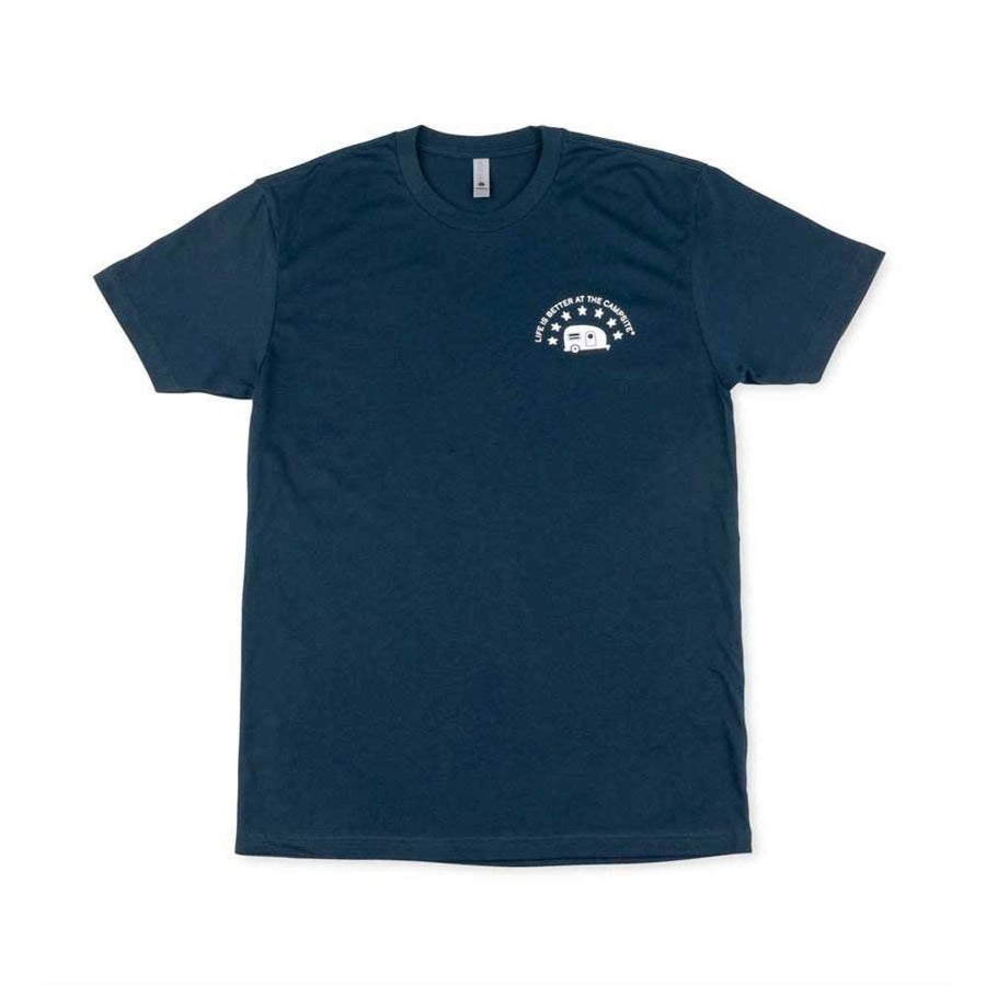 Camco Crew Neck Life is Better at The Campsite Short Sleeve T-Shirt | Features Soft Jersey Fabric, RVs Exploring The USA on Navy Blue, and is Machine Washable | Small (53420)