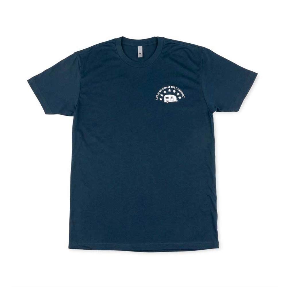 Camco Life is Better at The Campsite Short Sleeve Crew Neck T-Shirt | Features Soft Jersey Fabric, RVs Exploring The USA on Navy Blue, and is Machine Washable | X-Large (53423)