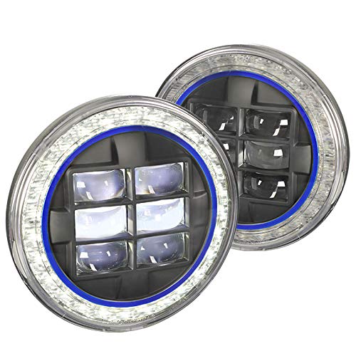 Spec-D Tuning 7" Round Black Halo LED Projector Headlights Blue Rim Left + Right Pair Headlamps Assembly