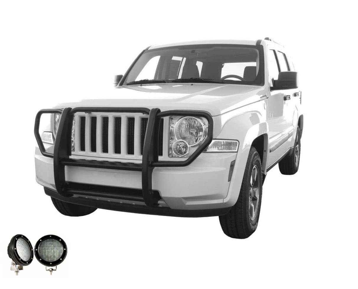 Bumper Guard Black Horse Grille brush 1-Piece Black Come with Pair of 5.3" Dia.LED Lights with Black Trim Rings Compatible with 2008-2012 Jeep Liberty-17A086400A-PLFB