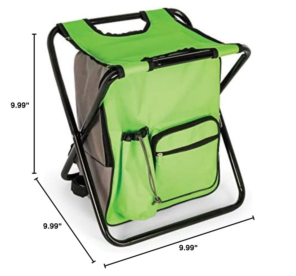 Camco Camping Folding Stool Backpack Cooler Trio- Bag with Waterproof Insulated Cooler Pockets and Sturdy Legs for Seating, Great for Travel- Green (51909)
