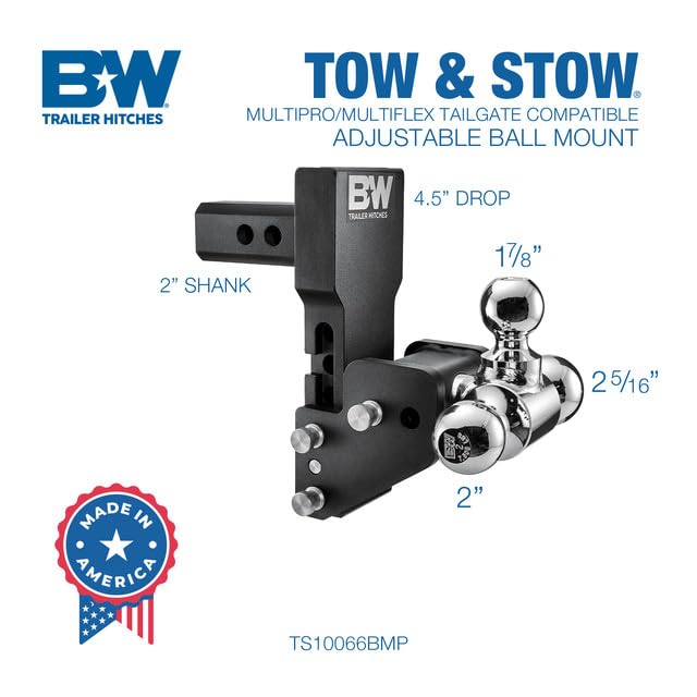 MultiPro B&W Trailer Hitches Tow & Stow Adjustable Trailer Hitch Ball Mount Compatible with MultiPro Tailgate - Fits 2" Receiver, Tri-Ball (1-7/8" x 2" x 2-5/16"), 4.5" Drop, 10,000 GTW - TS10066BMP