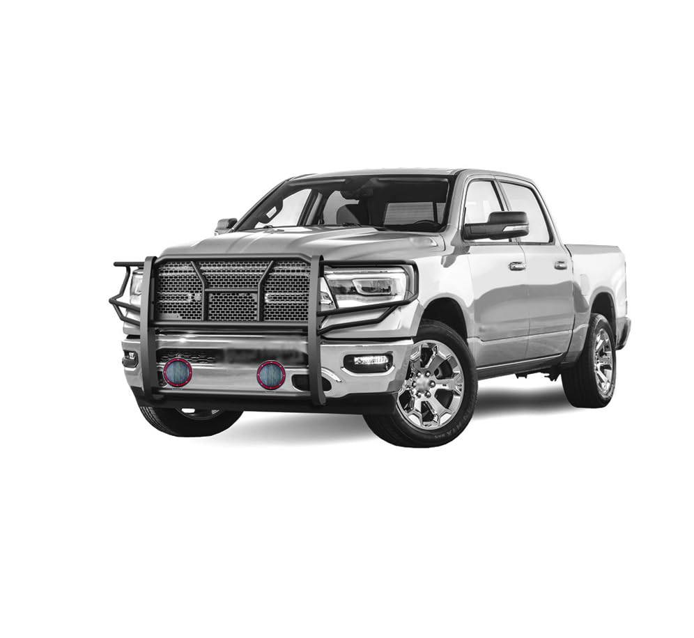 Heavy Duty Black Horse Rugged Grille Brush Bumper Guard Modular Come with Pair of 5.3" Dia.LED Lights with Red Trim Rings Compatible with 2019-2025 Ram 1500-RU-DORA19-B-PLFR