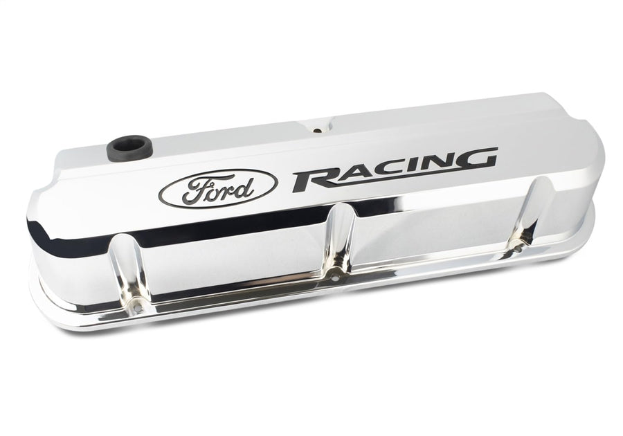 Ford Slant-Edge Valve Cover, Tall, Baffled, Breather Hole, Recessed Ford Racing Logo, Aluminum, Chrome
