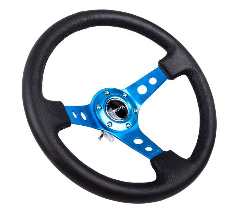 NRG Innovations Reinforced NRG-RST-006BL Steering Wheel - 350mm Sport Steering Wheel (3" Deep) - Blue Spoke w/Round holes/Black Leather