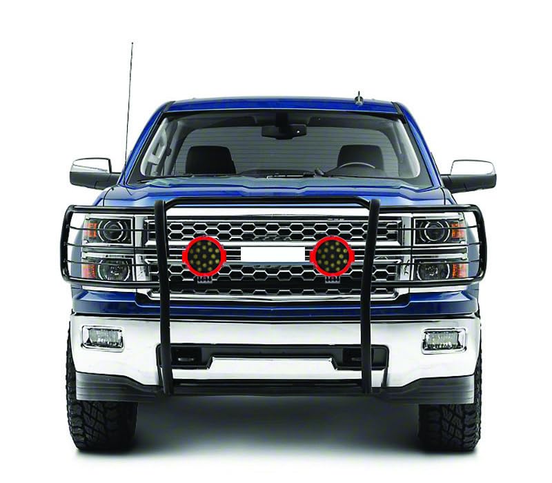Grille Brush Black Horse Bumper Guard Modular Black Come with Pair of 7.0" Dia.LED Lights with Red Trim Rings Compatible with 2015-2019 Silverado 2500 HD|2015-2019 Silverado 3500 HD-17GT28MA-PLR