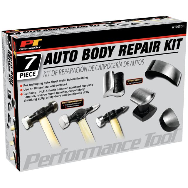 W1007DB Performance Tool 7-Piece Auto Body Repair Kit with Carbon Steel Hammer Heads and Dollies on Wood Handles