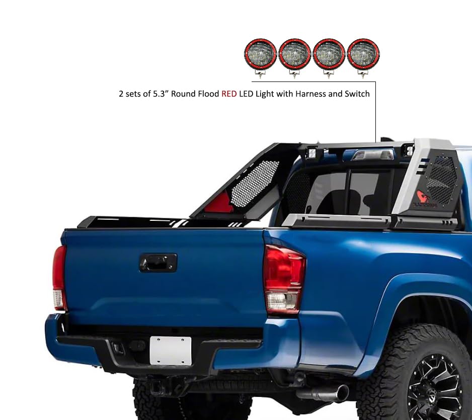 Vigor Roll Bar Black Horse Incl. Set of 5.3" Dia.Led Lights w/Red Trim Rings Modular Black Compatible with 2005-2024 Toyota Tacoma-VIRB06B-PLFR