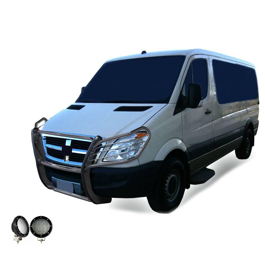 Modular Black Horse Grille Guard S/S W/Pair of 5.3" LED Light Compatible with 07-09 Dodge Sprinter-Freightliner 2500/3500|07-11-Benz Sprinter 1500|10-18-Benz Sprinter 2500/3500-17D502MSS-PLFB