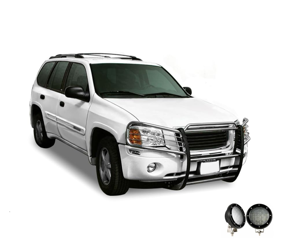 Bumper Guard Black Horse Grille Brush Modular Stainless Steel Come with Pair of 5.3" Dia.LED Lights with Black Trim Rings Compatible with 2002-2009 GMC Envoy-17GD26MSS-PLFB