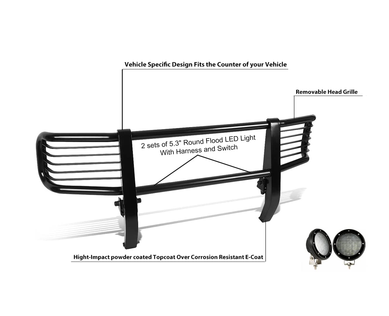 Bumper Guard Black Horse Grille Brush Modular Black Come with Pair of 5.3" LED Lights with Black Trim Rings Compatible with 2003-2010 Mercedes-Benz G55 AMG|1999-2010 Mercedes-Benz G500-PGBZA008A-PLFB