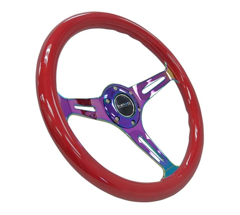 Classic Red Wood Grain NRG Innovations Steering Wheel - 350mm 3 Neochrome Spokes - Red Grip