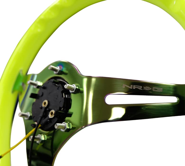 NRG Innovations Steering Wheel NRG-ST-015MC-NYW - 350mm 25mm Deep Configuration, Classic Wood Grain Wheel, 3 Neochrome Spokes-Neon YELLOW Color