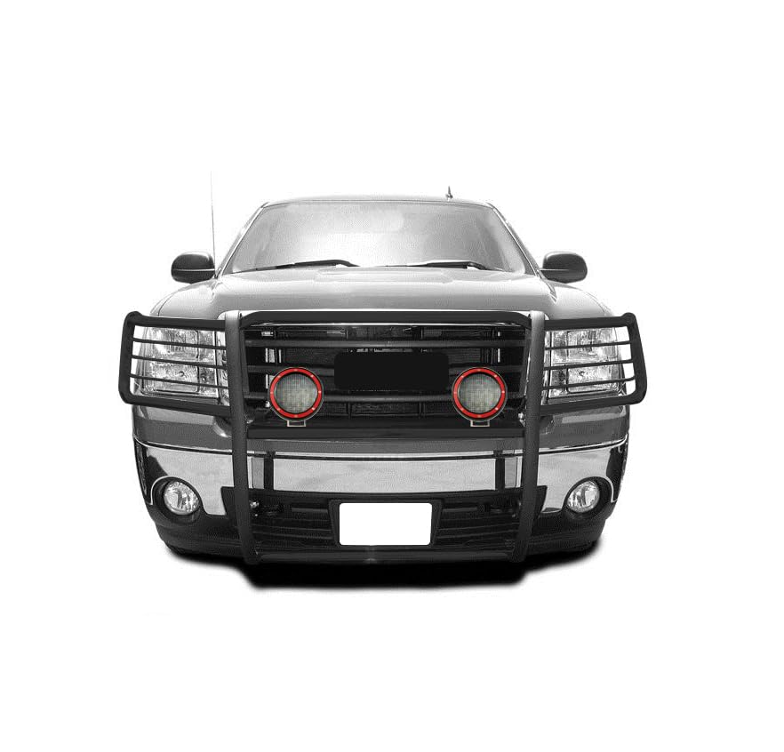 Grille Brush Black Horse Bumper Guard Modular Black Come with Pair of 5.3" Dia.LED Lights with Red Trim Rings Compatible with 2007-2013 GMC Sierra 1500-17GS10MA-PLFR