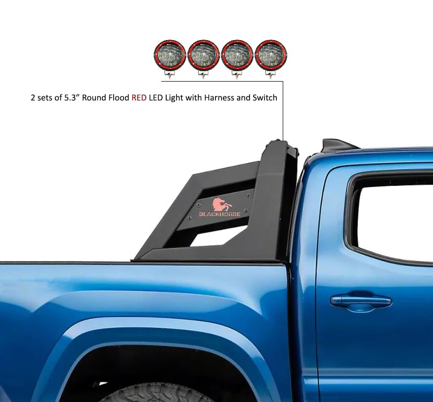 Armour Black Horse Roll Bar Incl. Set of 5.3" Dia.LED Lights w/Red Trim Rings Matte Black Compatible with 2015-2023 Chevrolet Colorado|2015-2023 GMC Canyon|2015-2023 Toyota Tacoma-RB-AR3B-PLFR