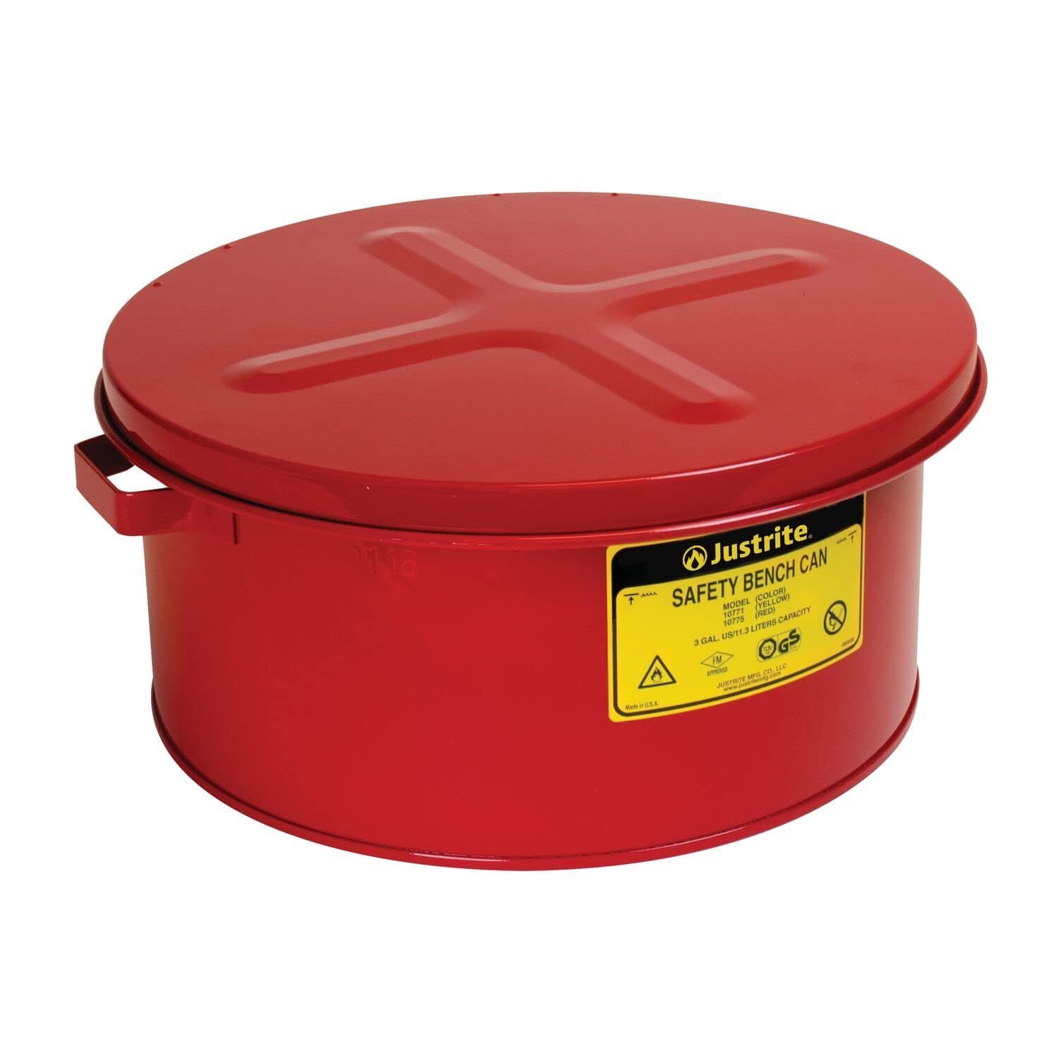 Justrite 10775 3 Gallon, 6" H, 12 1/8" Diameter, 13 1/2" O.D 24 Gauge Premium Coated Steel Bench Can, Red