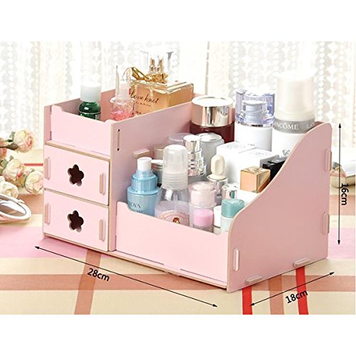 Make Up Organiser CABILOCK Multifunction Wooden Drawer Style Makeup Cosmetics Jewelry Storage Box Case Rack (Pink)